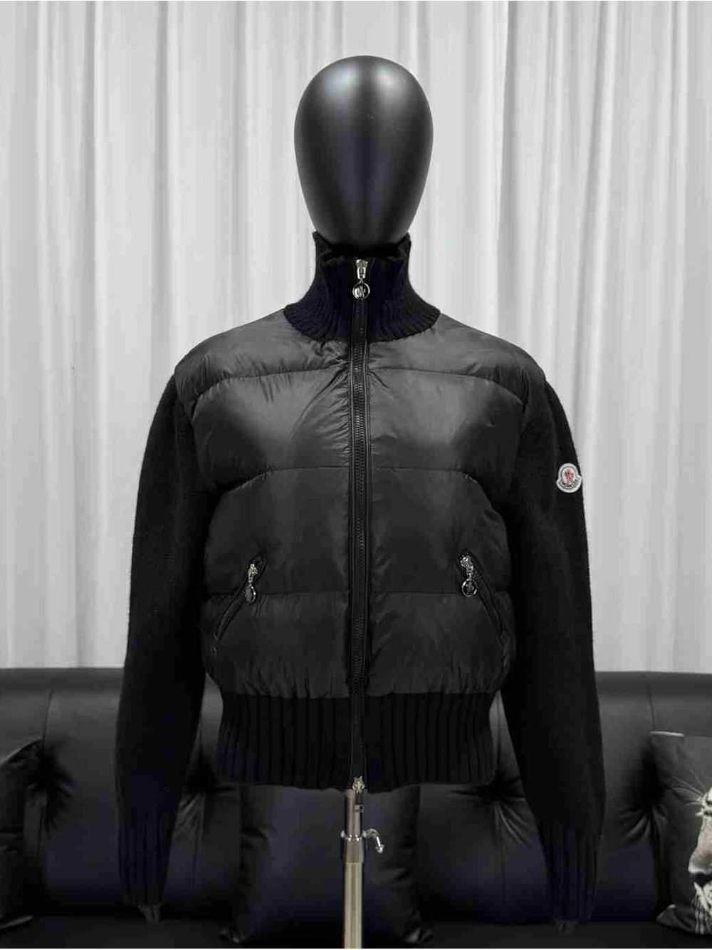 Moncler Black Quilted Front Wool-Sleeve Zip Jacket